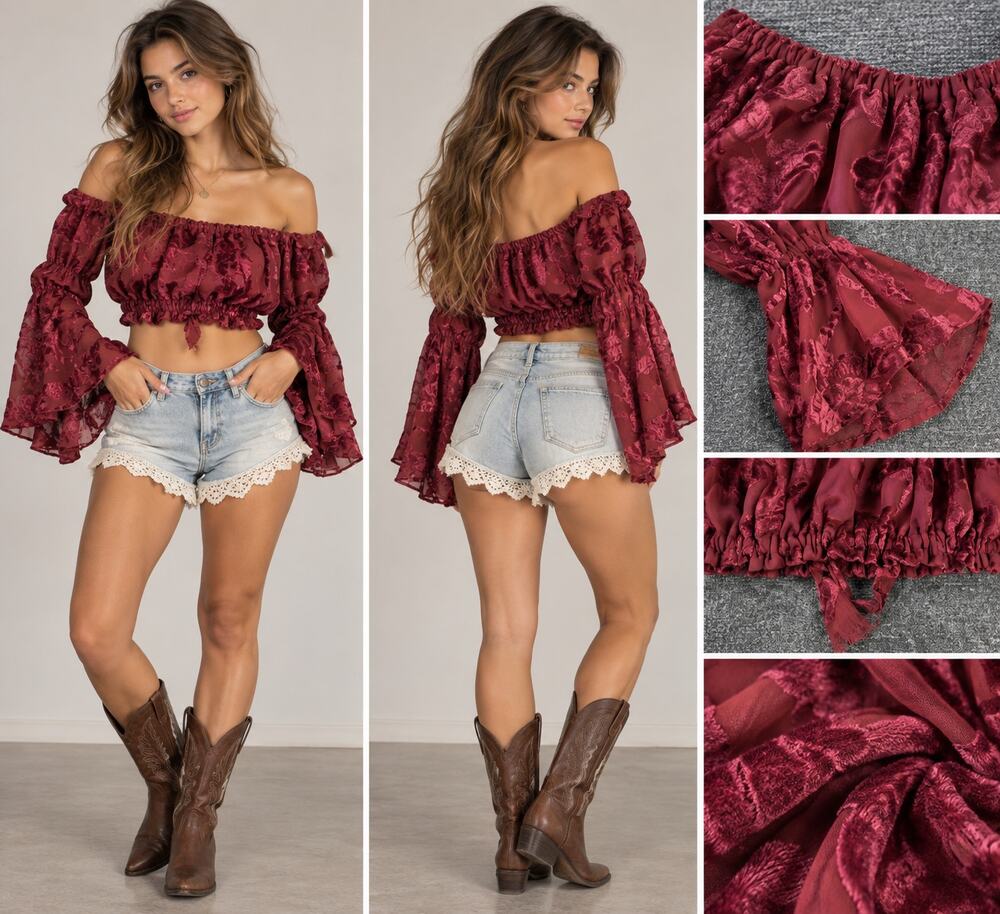 Yashi Burgundy Burnout Velvet Crop Top Womens Off Shoulder Bell Sleeve Boho